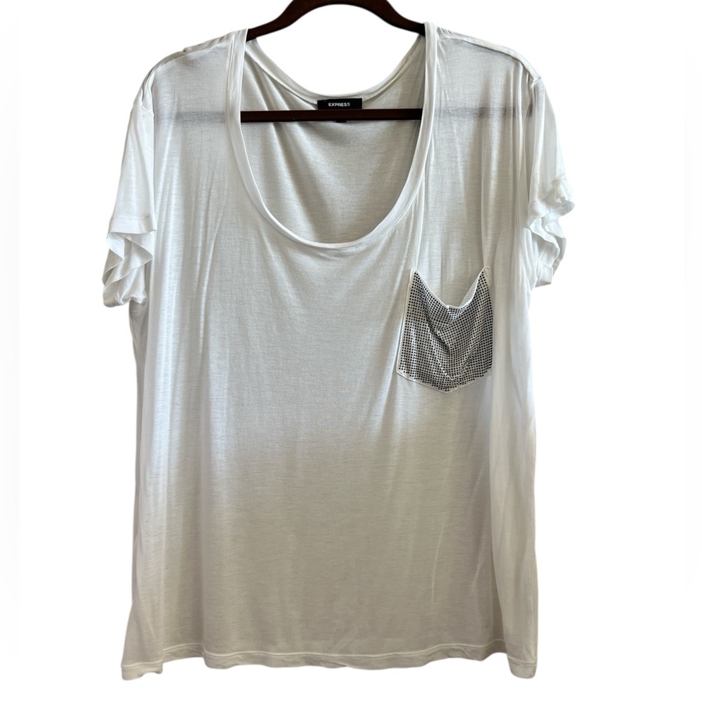 Express White Short Sleeve Semi Sheer Contemporary Tee with Embellished Pocket